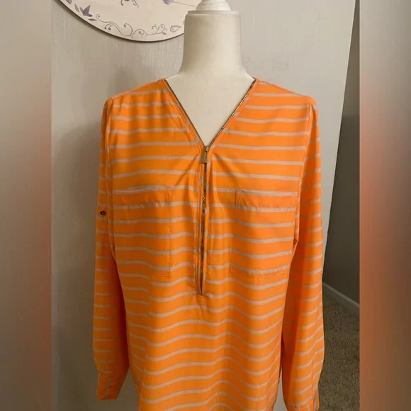 Calvin Klein Orange and Gray Striped V-Neck Top - Picture 2 of 7